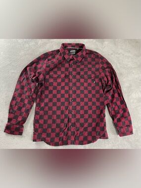 Vans Flannel Shirt Mens Large Burgundy Black Checker Long Sleeve Button Down